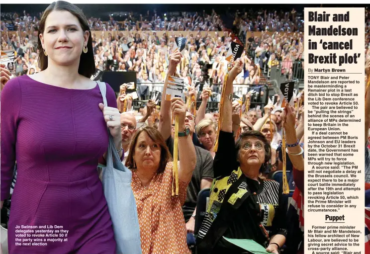  ??  ?? Jo Swinson and Lib Dem delegates yesterday as they voted to revoke Article 50 if the party wins a majority at the next election