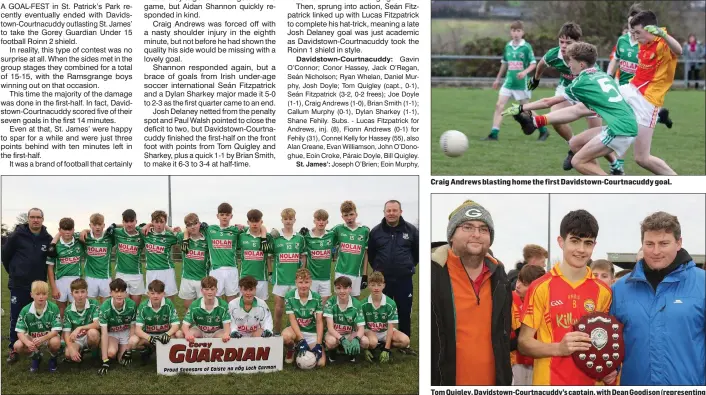  ??  ?? The vanquished St. James’ squad.
Craig Andrews blasting home the first Davidstown-Courtnacud­dy goal.
Tom Quigley, Davidstown-Courtnacud­dy’s captain, with Dean Goodison (representi­ng Wexford People) and David Tobin (Coiste na nOg Secretary).