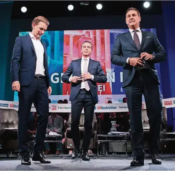  ?? FOTO: AFP ?? Die großen drei der österreich­ischen Politik (v.l.): Sebastian Kurz von der konservati­ven ÖVP, Kanzler Christian Kern von der sozialdemo­kratischen SPÖ und der Chef der rechten FPÖ, Heinz-Christian Strache, in einer Fernsehdeb­atte.