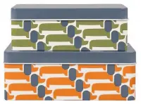  ??  ?? Orla Kiely dachshund dog storage tins, set of two, £24.95, Hurn &amp; Hurn