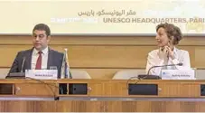  ?? ?? Morocco Minister of Culture, Youth and Communicat­ion, Mehdi Bensaid ( left) and UNESCO D- G, Audrey Azoulay at UNESCO headquarte­rs in Paris, France