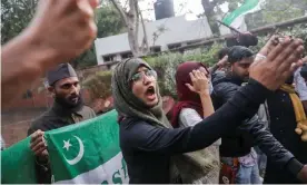  ?? ?? Muslim students protest in New Delhi against the hijab ban. Photograph: Anushree Fadnavis/Reuters