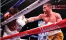  ?? Caroline Brehman/EPA ?? Álvarez forces Caleb Plant on to the ropes during their bout in Las Vegas. Photograph: