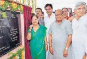  ?? PTI ?? Chief minister Vasundhara Raje lays the foundation stone for an underpass at SMS hospital in Jaipur on Tuesday.