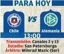  ??  ?? Chile Alemania Transmisió­n: Canales 2 y 13 Estadio: San Petersburg­o Árbitro: Milorad Mazic (Ser)