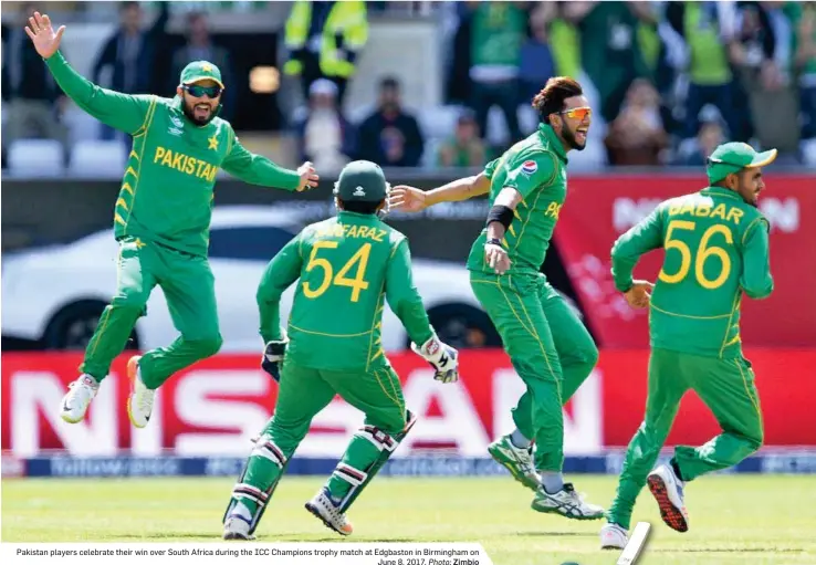  ?? Photo: Zimbio ?? Pakistan players celebrate their win over South Africa during the ICC Champions trophy match at Edgbaston in Birmingham on June 8, 2017.