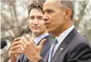  ?? Andrew Harnik / Associated Press ?? President Barack Obama and Canadian Prime Minister Justin Trudeau announce their joint effort to reduce the emissions of planet-warming gases.