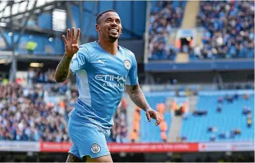  ?? AP ?? Manchester City’s Gabriel Jesus celebrates after scoring his fourth goal in a 5-1 win over Watford.