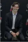  ?? JULIO CORTEZ - THE ASSOCIATED PRESS ?? New Jersey Devils forward Jack Hughes, the No. 1 overall pick in the 2019 NHL hockey draft, reacts during a news conference introducin­g the prospect to local media, Tuesday, June 25, 2019, in Newark, N.J.