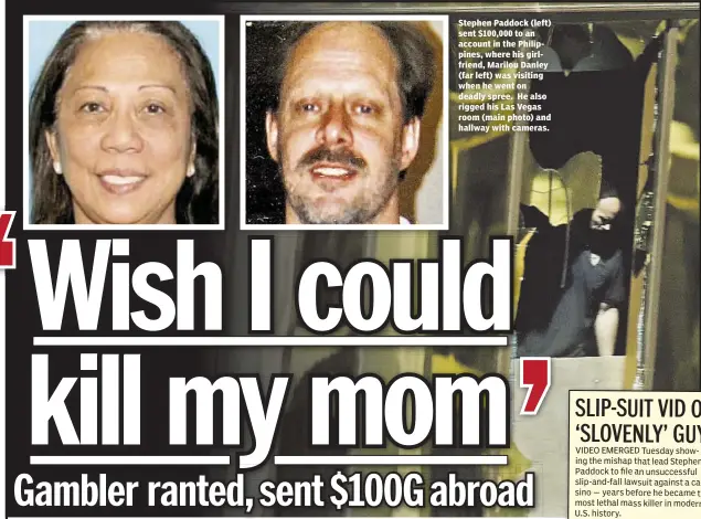  ??  ?? Stephen Paddock (left) sent $100,000 to an account in the Philippine­s, where his girlfriend, Marilou Danley (far left) was visiting when he went on deadly spree. He also rigged his Las Vegas room (main photo) and hallway with cameras.