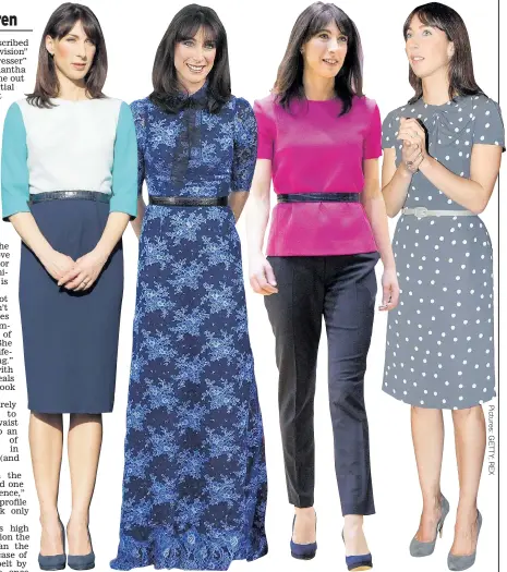  ??  ?? STATELY: Sam Cam is confident wearing designer clothes ( l- r) such as Roksanda Ilincic or Alessandra Rich outfits for her White House visit, pairing Joseph trousers with an Ilincic top or off the peg M& S