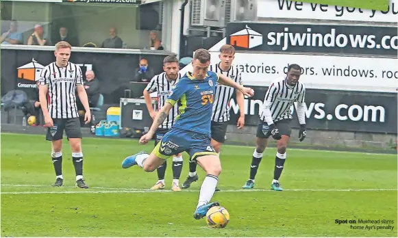  ?? ?? Spot on Muirhead slams home Ayr’s penalty