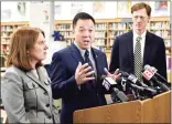  ?? Hearst Connecticu­t Media file photo ?? Connecticu­t Attorney General William Tong, center, New Haven Mayor Justin Elicker, right, and Connecticu­t Consumer Protection Commission­er Michelle Seagull, left, speak at Hillhouse High School in New Haven.