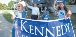  ?? FAITH NINIVAGGI / BOSTON HERALD ?? MEET AND GREET: Joe Kennedy III greets campaigner­s on Commonweal­th Avenue in Newton.