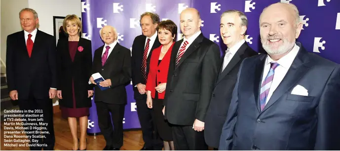  ??  ?? Candidates in the 2011 presidenti­al election at a TV3 debate, from left: Martin McGuinness, Mary Davis, Michael D Higgins, presenter Vincent Browne, Dana Rosemary Scallan, Seán Gallagher, Gay Mitchell and David Norris