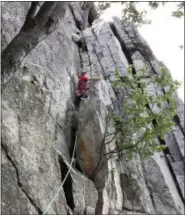  ?? MICHAEL VIRTANEN — THE ASSOCIATED PRESS ?? Climber Phil Brown climbs the vertical pitch of Old Man’s Route high on the west face of Seneca Rocks in West Virginia. Considered an easy climb, the route ends on the shelf near the upper tree.