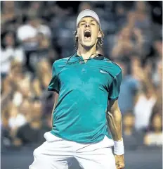  ?? AARON VINCENT ELKAIM/THE CANADIAN PRESS ?? Denis Shapovalov, of Richmond Hill, Ont., celebrates his win, in three sets, against Nick Kyrgios during the first round of the Rogers Cup Monday in Toronto.