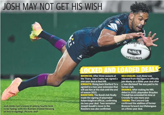  ?? Picture: AAP ?? Josh Addo- Carr’s hopes of joining Souths look to be fading, with h the Bunnies instead ins focusing on key re-signings gs.