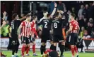  ?? ?? West Brom’s Jake Livermore is shocked after being shown the red card by referee Leigh Doughty. Photograph: Lexy Ilsley/Shuttersto­ck