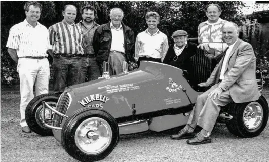  ??  ?? Above: Popeye with (left to right) Eddie Murray (restorer), Graham Lambie (mechanic), Graeme Finneran (motor reconditio­ner), Harry Chatteris (part owner with Ron Roycroft), Stephen Foster (current owner), the late Ron Roycroft (original builder – 1945), Keith Collins (mechanic), Jiggs Alexander (owner-driver ’50s period) (photo: Euan Cameron) Below left: Ron Roycroft (left) and Jiggs Alexander (photo: Euan Cameron) Below right: Ford B4 motor, a modified Model A, fitted with a Winfield head and twin carburetto­rs