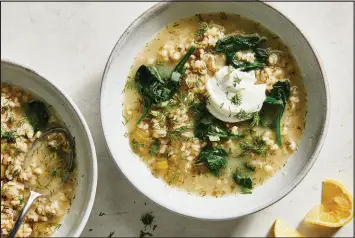  ?? PHOTOS BY LINDA XIAO / THE NEW YORK TIMES ?? Hetty Lui Mckinnon’s lemony pearl barley soup is lighter than your deep, dark wintry stews, but still filling enough to be dinner, especially with bread.
