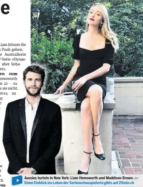  ??  ?? Aussies turteln in New York: Liam Hemsworth und Maddison Brown. KEY Einen Einblick ins Leben der Serienscha­uspielerin gibts auf 20min.ch