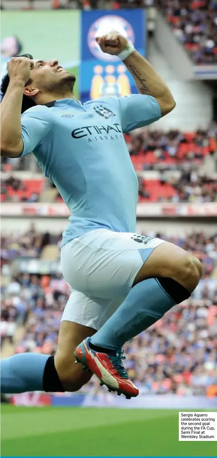  ??  ?? Sergio Aguero celebrates scoring the second goal during the FA Cup, Semi Final at Wembley Stadium