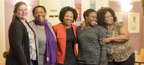  ?? CARLOS OSORIO/TORONTO STAR ?? Ernestine’s is working with KWIECO and Crossroads to set up a shelter in Tanzania. Meeting in Toronto are, from left, Sharlene Tygesen (Ernestine’s), Elizabeth Minde (KWIECO), Annie Kashamura Zawadi (Crossroads), Deborah James-Sargeant (Ernestine’s)...