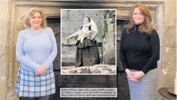  ??  ?? Kate Griffiths, right, with Lesley Smith, curator at Tutbury Castle. Inset, Ms Smith in costume as Maryqueen of Scots, who was imprisoned there