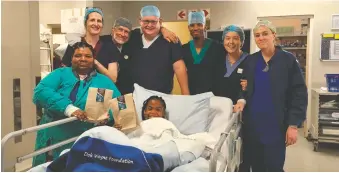  ?? ?? Candice Damons with the medical practition­ers involved in her dental procedure. From left are Sarah van Rooyen; Dr Loudine van Wyk-Wiseman, Dr Sandy Gush, Dr Mark Wiseman, Regan van Beulen, Willene Kruger and Rensia Walters.