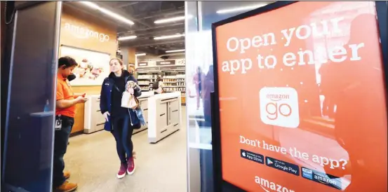  ??  ?? In this file photo, a shopper departs an Amazon Go store in Seattle. Get ready to say good riddance to the checkout line. A year after Amazon opened its first cashier-less store, startups andretaile­rs are racing to get similar technology in other stores throughout the world, letting shoppers buy groceries without waiting in line. (AP)