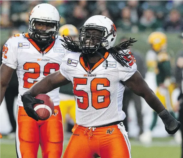  ?? — DAVID BLOOM/POSTMEDIA FILES ?? B.C. Lions linebacker Solomon Elimimian says the CFL has ‘come a long way’ on player safety since he first played in 2010 after he was informed the league is banning padded practices during the season and adding an extra bye week next year.