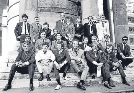  ??  ?? The original Radio 1 lineup. Back row, from left; Tony Blackburn, Jimmy Young, Kenny Everett, Duncan Johnson, Robin Scott (controller), David Ryder, Dave Cash, Pete Brady and David Symonds. Middle row, from left; Bob Holness, Terry Wogan, Barry...