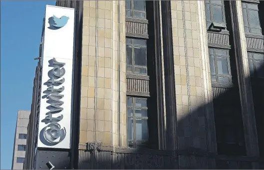  ?? AP PHOTO ?? This Nov. 4, 2013, file photo shows the sign outside of Twitter headquarte­rs in San Francisco. Twitter announced Wednesday it is adding more new tools to curb abuse, part of an ongoing effort to protect its users from hate and harassment. It the second...