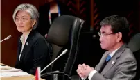  ?? AFP ?? South Korean Foreign Minister Kang Kyung-wha and Japanese Foreign Minister Taro Kono at the Asean meeting in Manila. —