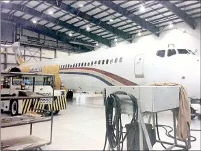  ?? ?? This is the Mcdonnell MD-87 State Jet sitting in a hangar in Canada over a disputed debt in 2015/2016. UNICORPE’s President, Hassen Alamoudi says he played a part in its release and was rightly paid for his services. However, he says his company is owed profession­al fees for its services in the restructur­ing of RENAC (Courtesy Pic)