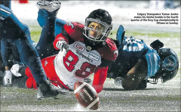  ?? TONY CALDWELL/POSTMEDIA NETWORK ?? Calgary Stampeders’ Kamar Jorden makes his fateful fumble in the fourth quarter of the Grey Cup championsh­ip in Ottawa on Sunday.