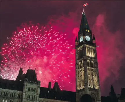  ?? JUSTIN TANG/THE CANADIAN PRESS FILES ?? Fireworks explode behind the Peace Tower during Canada Day celebratio­ns in 2015. More local spots might also launch fireworks in as little as two years.