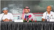  ??  ?? NEW ERA: OAA vice-chairman Jamal Al Tai, left, speaks as Gulf Challenge promoter Abdullah Bakhashab, centre, looks on during a press conference at OAA Headquarte­rs on Saturday.