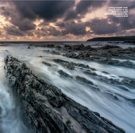  ??  ?? Looking towards Lundy Island at sunset on the North Devon coast Sony A7R IV, FE 16-35mm F2.8 GM at 16mm, 3.2sec at f/13, ISO 100