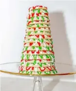  ?? Alexandra Wimley/Post-Gazette ?? A kransekake is a Norwegian “wreath cake” built with 18 layers of cookie rings. The cookies are made with ground almond, powdered sugar and egg whites.