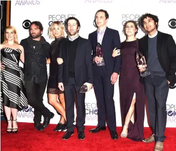  ??  ?? Actors Melissa Rauch (left to right), Galecki, Cuoco, Helberg, Parsons, Mayim Bialik and Nayyar, winners of Favourite Network TV Comedy and Favourite TV Show for ‘The Big Bang Theory’, pose during the People’s Choice Awards 2016 in Los Angeles, California. — AFP file photo