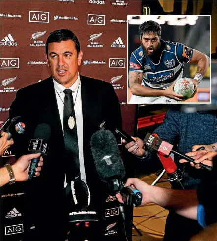  ??  ?? Coach Clayton McMillan discusses the naming of the NZ Ma¯ ori team, where the main talking point was the selection of Akira Ioane, inset.