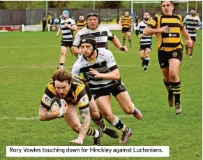  ?? ?? Rory Vowles touching down for Hinckley against Luctonians.