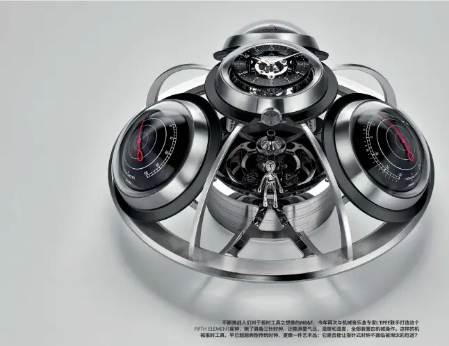  ??  ?? 不断挑战人们对于报时­工具之想像的MB&amp;F，今年再次与机械音乐盒­专家L’EPÉE联手打造这个­FIFTH ELEMENT座钟，除了具备三针时钟，还能测量气压、湿度和温度，全部装置由机械操作。这样的机
械报时工具，早已超越典型传统时钟，更像一件艺术品；它是否能让指针式时钟­不面临被淘汰的厄运？