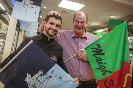  ??  ?? Mayo fan Gus O’Hara and employee and Dublin fan Adam Goslin at Spar on Vernon Avenue in Clontarf which he has done up in the Mayo and Dublin colours ahead of the All-Ireland final on Sunday. Photo: Arthur Carron. Inset: Dublin captain John O’Leary...