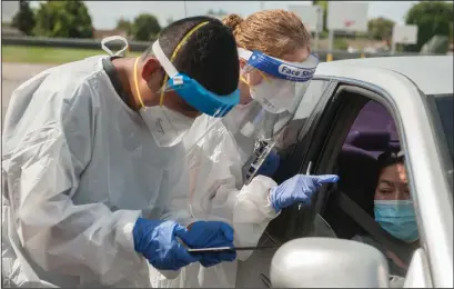  ?? BEA AHBECK/NEWS-SENTINEL ?? Carbon Health medical assistant Hector Loya and Adventist Health Lodi Memorial registered nurse Cathleen Myers prepare to test Gloria Gallegos during a free COVID-19 testing event at the First Baptist Church parking lot in Lodi on Aug. 14. The California Department of Public Health has released a new metric for counties to move through the tiered reopening system.