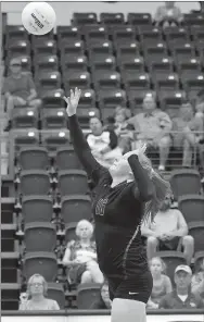  ?? Bud Sullins/Special to Siloam Sunday ?? Siloam Springs junior hitter Reigan Brown hits the ball against Harrison last Tuesday at the Panther Activity Center. Harrison defeated the Lady Panthers 3-0.