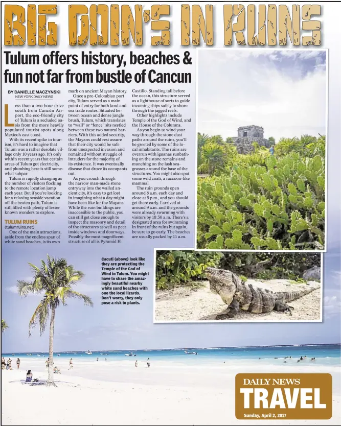  ??  ?? Cacuti (above) look like they are protecting the Temple of the God of Wind in Tulum. You might have to share the amazingly beautiful nearby white sand beaches with one the local lizards. Don’t worry, they only pose a risk to plants. Sunday, April 2, 2017