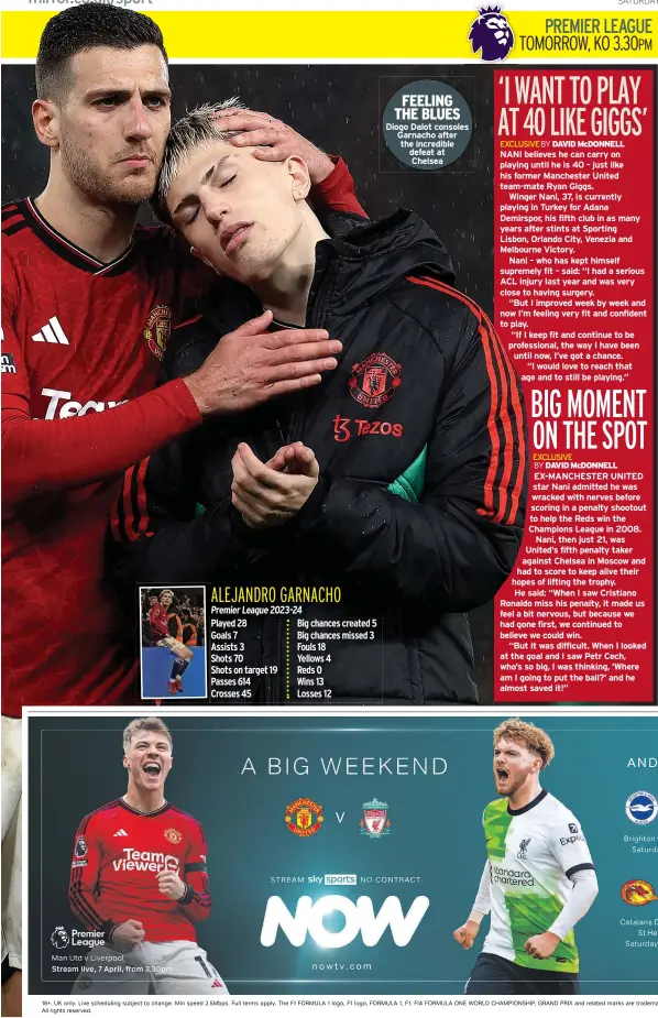  ?? ?? FEELING THE BLUES Diogo Dalot consoles Garnacho after the incredible defeat at Chelsea